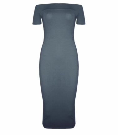 New Womens Plain Off Shoulder Long Midi Dress Cap Sleeve Stretch Bardot Bodycon