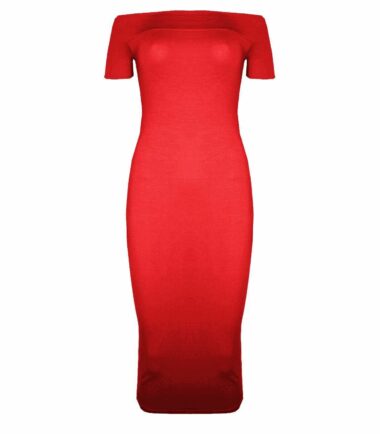 New Womens Plain Off Shoulder Long Midi Dress Cap Sleeve Stretch Bardot Bodycon