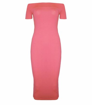 New Womens Plain Off Shoulder Long Midi Dress Cap Sleeve Stretch Bardot Bodycon