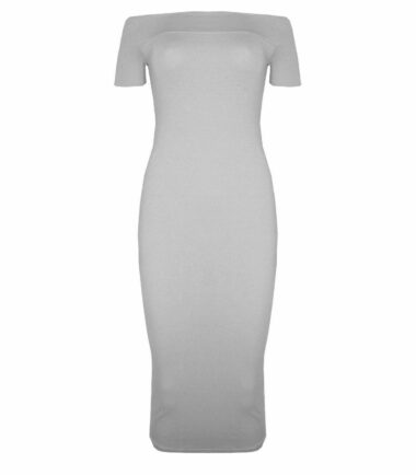 New Womens Plain Off Shoulder Long Midi Dress Cap Sleeve Stretch Bardot Bodycon