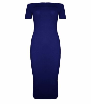 New Womens Plain Off Shoulder Long Midi Dress Cap Sleeve Stretch Bardot Bodycon