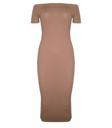 New Womens Plain Off Shoulder Long Midi Dress Cap Sleeve Stretch Bardot Bodycon