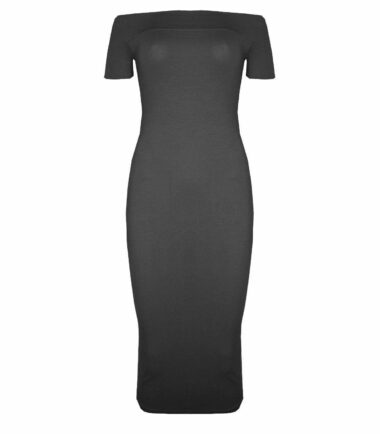 New Womens Plain Off Shoulder Long Midi Dress Cap Sleeve Stretch Bardot Bodycon