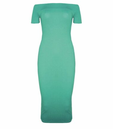 New Womens Plain Off Shoulder Long Midi Dress Cap Sleeve Stretch Bardot Bodycon