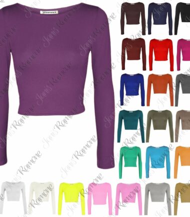 LADIES CREW NECK LONG SLEEVE CROP TOP T SHIRT TOPS WOMENS TOP 8-14