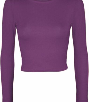 LADIES CREW NECK LONG SLEEVE CROP TOP T SHIRT TOPS WOMENS TOP 8-14