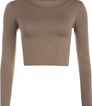 LADIES CREW NECK LONG SLEEVE CROP TOP T SHIRT TOPS WOMENS TOP 8-14
