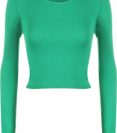 LADIES CREW NECK LONG SLEEVE CROP TOP T SHIRT TOPS WOMENS TOP 8-14