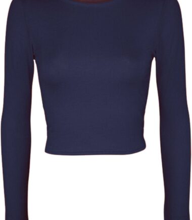 LADIES CREW NECK LONG SLEEVE CROP TOP T SHIRT TOPS WOMENS TOP 8-14