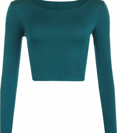 LADIES CREW NECK LONG SLEEVE CROP TOP T SHIRT TOPS WOMENS TOP 8-14