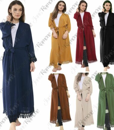 New Womens Batwing Lace Cardigan Plain Belted Floaty Cape Abaya Full Length Coat