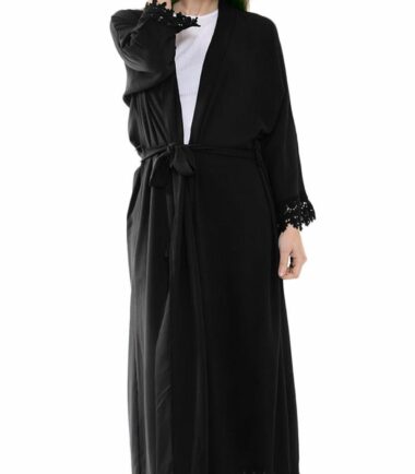 New Womens Batwing Lace Cardigan Plain Belted Floaty Cape Abaya Full Length Coat
