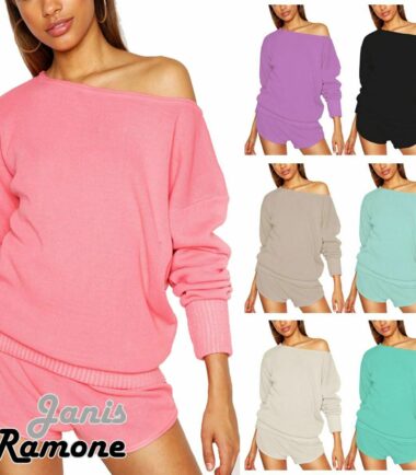 Womens Slash Neck Knitted Jumper Top Shorts Set 2 Pcs Lounge Wear Tracksuit
