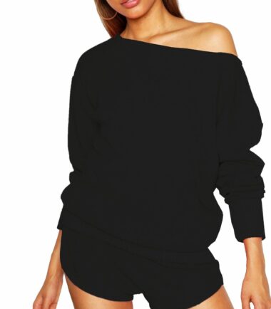 Womens Slash Neck Knitted Jumper Top Shorts Set 2 Pcs Lounge Wear Tracksuit