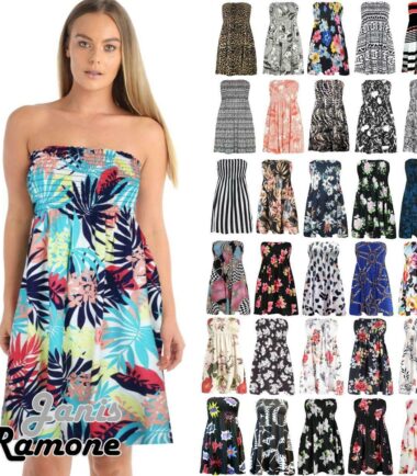 Womens Boobtube Bandeau Strapless Summer Floral Gather Sheering Dress Mini Tops