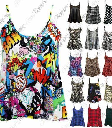 New Ladies Sleeveless Camisole Womens Printed Strappy Flared Swing Cami Vest Top