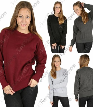 Womens Plain Long Sleeve Crew Neck Fleece Sweatshirt Casual Pullover Jumper Top