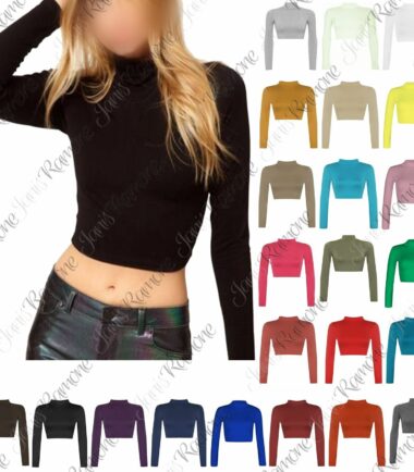 LADIES TURTLE POLO NECK LONG SLEEVE CROP TOP T SHIRT TOPS WOMENS TOP 8-14