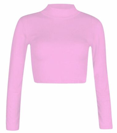 LADIES TURTLE POLO NECK LONG SLEEVE CROP TOP T SHIRT TOPS WOMENS TOP 8-14