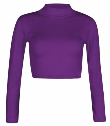 LADIES-TURTLE-POLO-NECK-LONG-SLEEVE-CROP-TOP-T-SHIRT-TOPS-WOMENS-TOP-8-14 LADIES TURTLE POLO NECK LONG SLEEVE CROP TOP T SHIRT TOPS WOMENS TOP 8-14