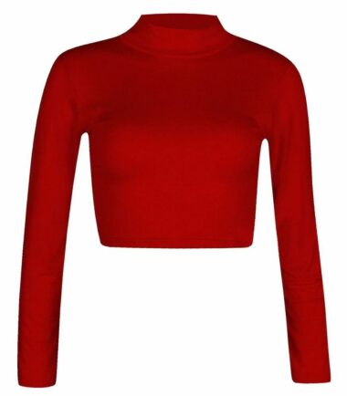 LADIES-TURTLE-POLO-NECK-LONG-SLEEVE-CROP-TOP-T-SHIRT-TOPS-WOMENS-TOP-8-14 LADIES TURTLE POLO NECK LONG SLEEVE CROP TOP T SHIRT TOPS WOMENS TOP 8-14