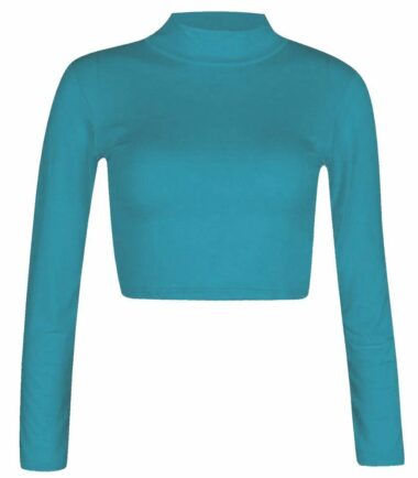 LADIES-TURTLE-POLO-NECK-LONG-SLEEVE-CROP-TOP-T-SHIRT-TOPS-WOMENS-TOP-8-14 LADIES TURTLE POLO NECK LONG SLEEVE CROP TOP T SHIRT TOPS WOMENS TOP 8-14