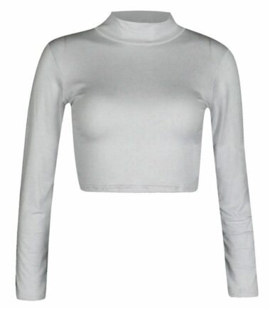 LADIES-TURTLE-POLO-NECK-LONG-SLEEVE-CROP-TOP-T-SHIRT-TOPS-WOMENS-TOP-8-14 LADIES TURTLE POLO NECK LONG SLEEVE CROP TOP T SHIRT TOPS WOMENS TOP 8-14
