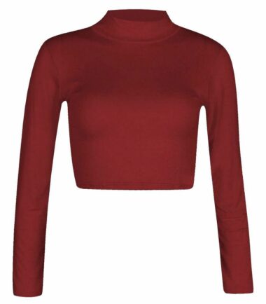 LADIES-TURTLE-POLO-NECK-LONG-SLEEVE-CROP-TOP-T-SHIRT-TOPS-WOMENS-TOP-8-14 LADIES TURTLE POLO NECK LONG SLEEVE CROP TOP T SHIRT TOPS WOMENS TOP 8-14