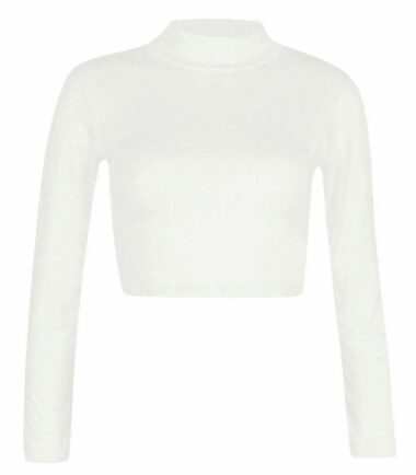 LADIES-TURTLE-POLO-NECK-LONG-SLEEVE-CROP-TOP-T-SHIRT-TOPS-WOMENS-TOP-8-14 LADIES TURTLE POLO NECK LONG SLEEVE CROP TOP T SHIRT TOPS WOMENS TOP 8-14