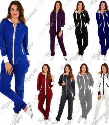 New Womens Plain Hooded Fleece All In One Jumpsuit Zip Up Playsuit Romper
