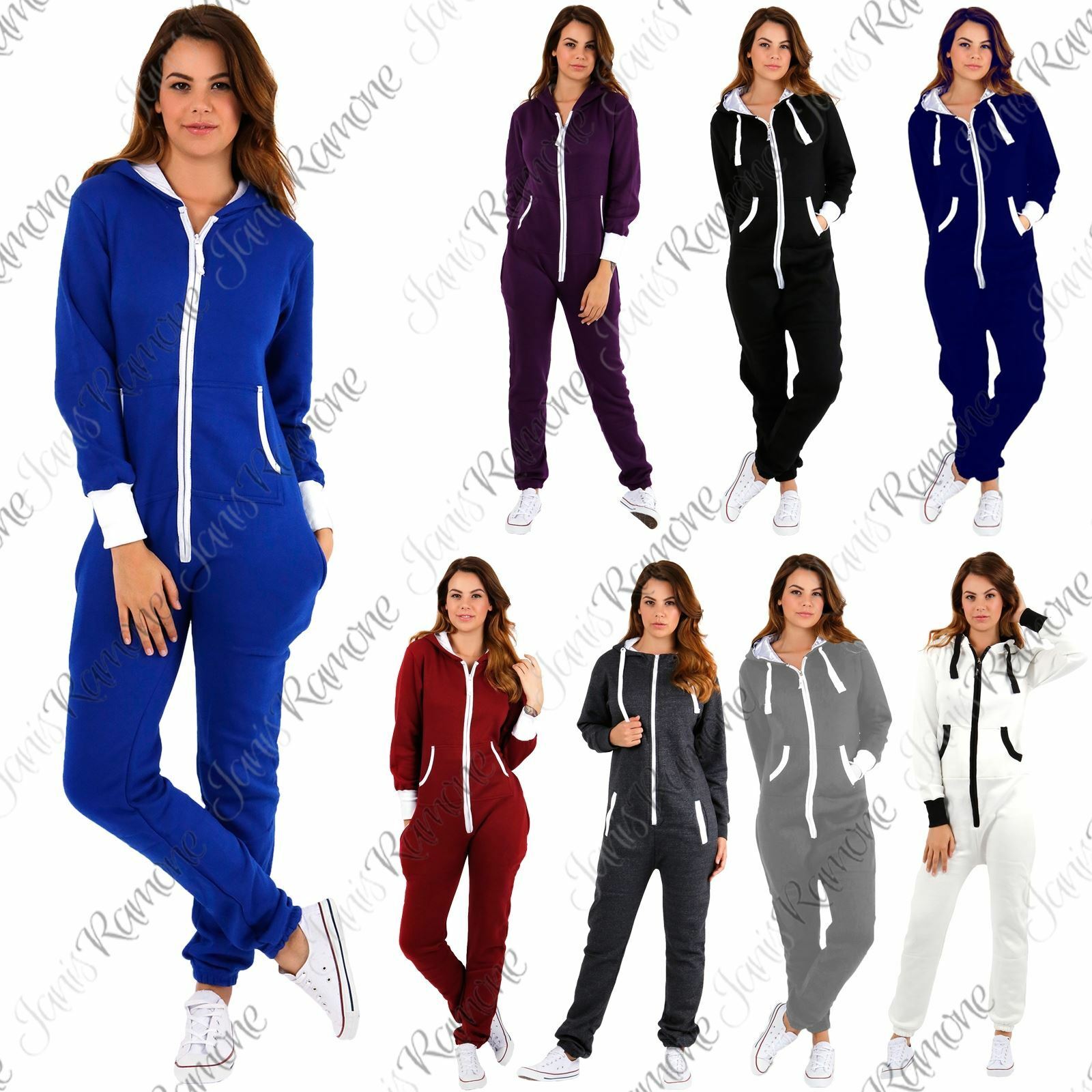 New-Womens-Plain-Hooded-Fleece-All-In-One-Jumpsuit-Zip-Up-Playsuit-Romper New Womens Plain Hooded Fleece All In One Jumpsuit Zip Up Playsuit Romper