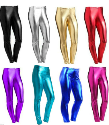 WOMENS WET LOOK METALLIC LEGGINGS LADIES FOIL SHINY PLUS SIZE GIRLS 8-26 3-13YRS