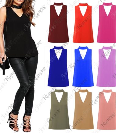 New-Womens-High-Choker-V-Neck-Collar-Cut-Out-Plunge-Sleeveless-Blouse-Shirt-Top New Womens High Choker V Neck Collar Cut Out Plunge Sleeveless Blouse Shirt Top