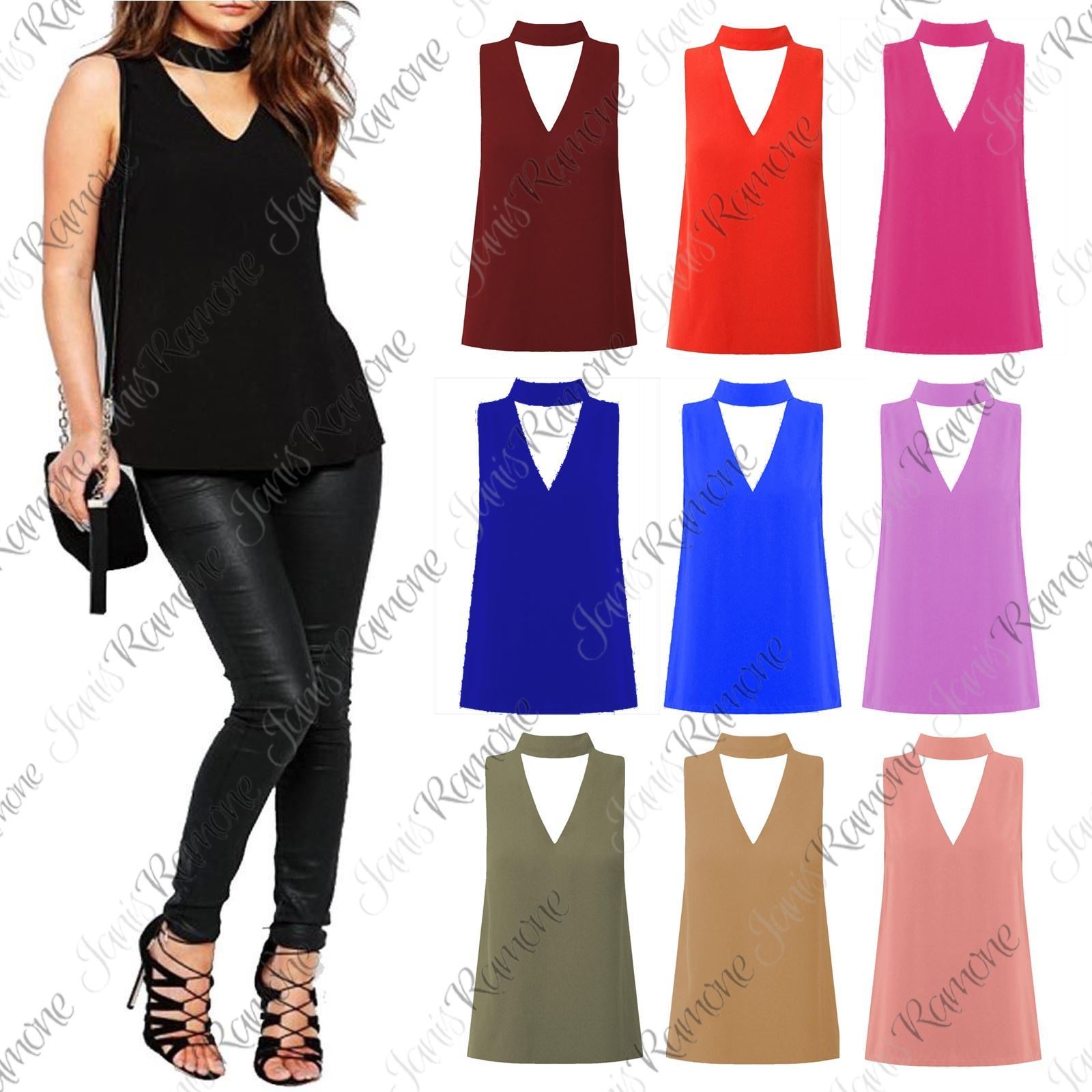 New-Womens-High-Choker-V-Neck-Collar-Cut-Out-Plunge-Sleeveless-Blouse-Shirt-Top New Womens High Choker V Neck Collar Cut Out Plunge Sleeveless Blouse Shirt Top