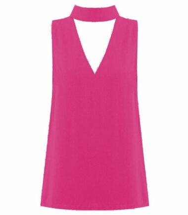 New-Womens-High-Choker-V-Neck-Collar-Cut-Out-Plunge-Sleeveless-Blouse-Shirt-Top New Womens High Choker V Neck Collar Cut Out Plunge Sleeveless Blouse Shirt Top