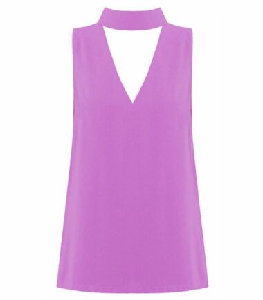 New-Womens-High-Choker-V-Neck-Collar-Cut-Out-Plunge-Sleeveless-Blouse-Shirt-Top New Womens High Choker V Neck Collar Cut Out Plunge Sleeveless Blouse Shirt Top
