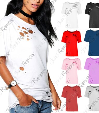 New Womens Distressed Ripped Holes Plain Cap Sleeve Loose Fit Basic T-Shirt Top