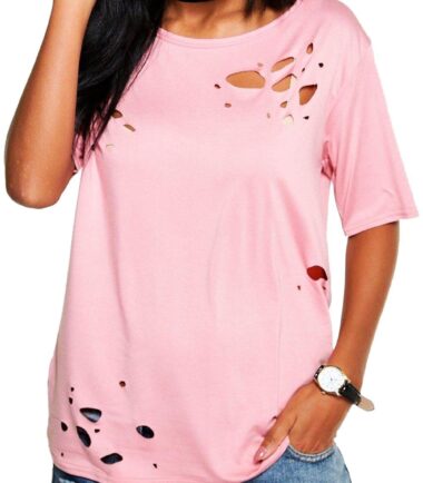New Womens Distressed Ripped Holes Plain Cap Sleeve Loose Fit Basic T-Shirt Top
