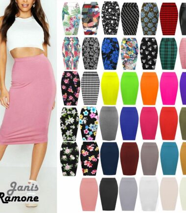 Womens Plain Printed High Waist Bodycon Tube Stretch Summer Pencil Midi Skirt