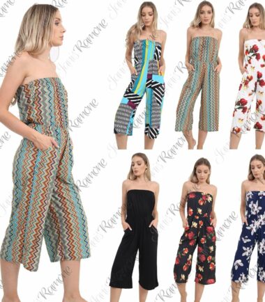 Womens Printed Plain Floral Bandeau Bardot Boobtube Playsuit Jumpsuit Culottes