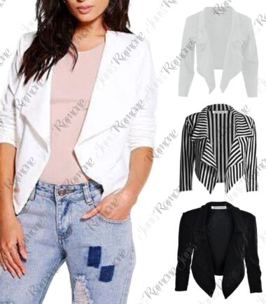 New Womens Plain 3/4 Sleeve Open Front Waterfall Style Crop Blazer Coat ShortTop