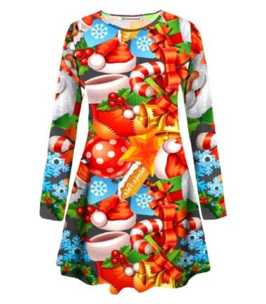 New Womens Long Sleeve Girls Santa Gift Holly Print Flared Xmas Swing Dress Top
