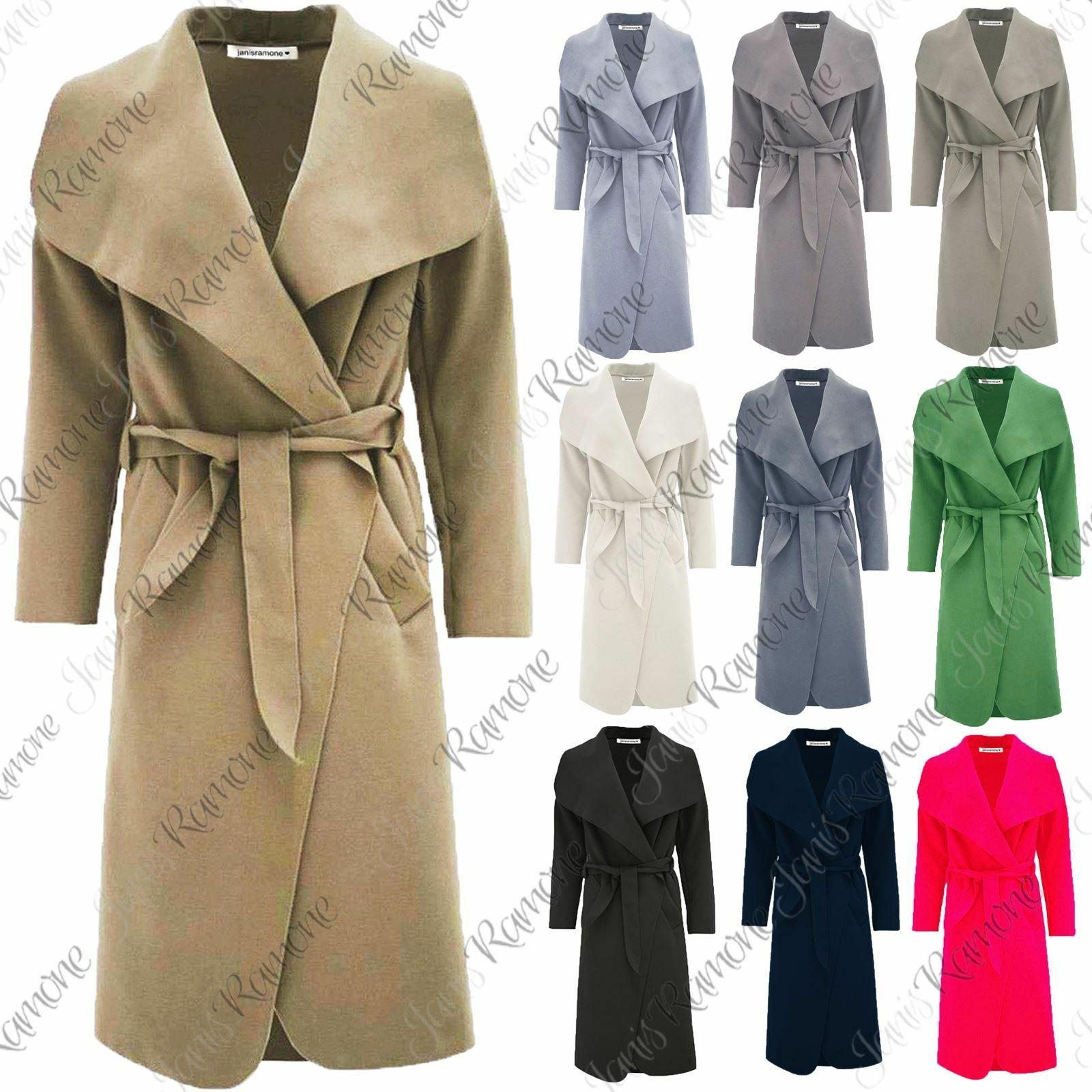 New-Womens-Italian-Drape-French-Belted-Waterfall-Long-Duster-Coat-Trench-Jacket New Womens Italian Drape French Belted Waterfall Long Duster Coat Trench Jacket
