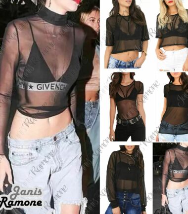 New Womens Mesh See Through Short Sleeve Bodysuit Fishnet Baggy Top Cropped Top