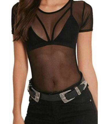 New Womens Mesh See Through Short Sleeve Bodysuit Fishnet Baggy Top Cropped Top