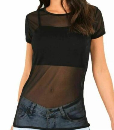 New Womens Mesh See Through Short Sleeve Bodysuit Fishnet Baggy Top Cropped Top