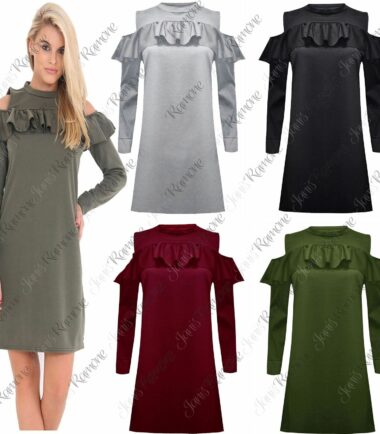 New Womens Cut Out Shoulder Long Sleeve Ruffle Frill Detail Mini Dress Tunic Top