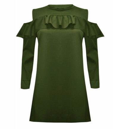 New Womens Cut Out Shoulder Long Sleeve Ruffle Frill Detail Mini Dress Tunic Top