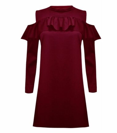 New Womens Cut Out Shoulder Long Sleeve Ruffle Frill Detail Mini Dress Tunic Top