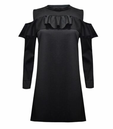 New Womens Cut Out Shoulder Long Sleeve Ruffle Frill Detail Mini Dress Tunic Top